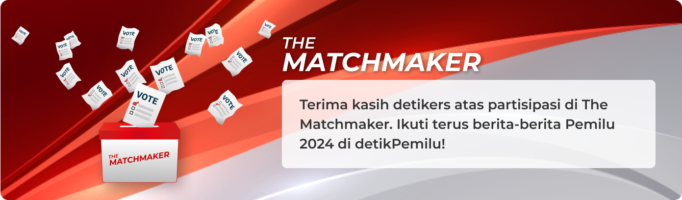 Terima kasih detikers atas partisipasi di The Matchmaker. Ikuti terus berita-berita Pemilu 2024 di detikPemilu!